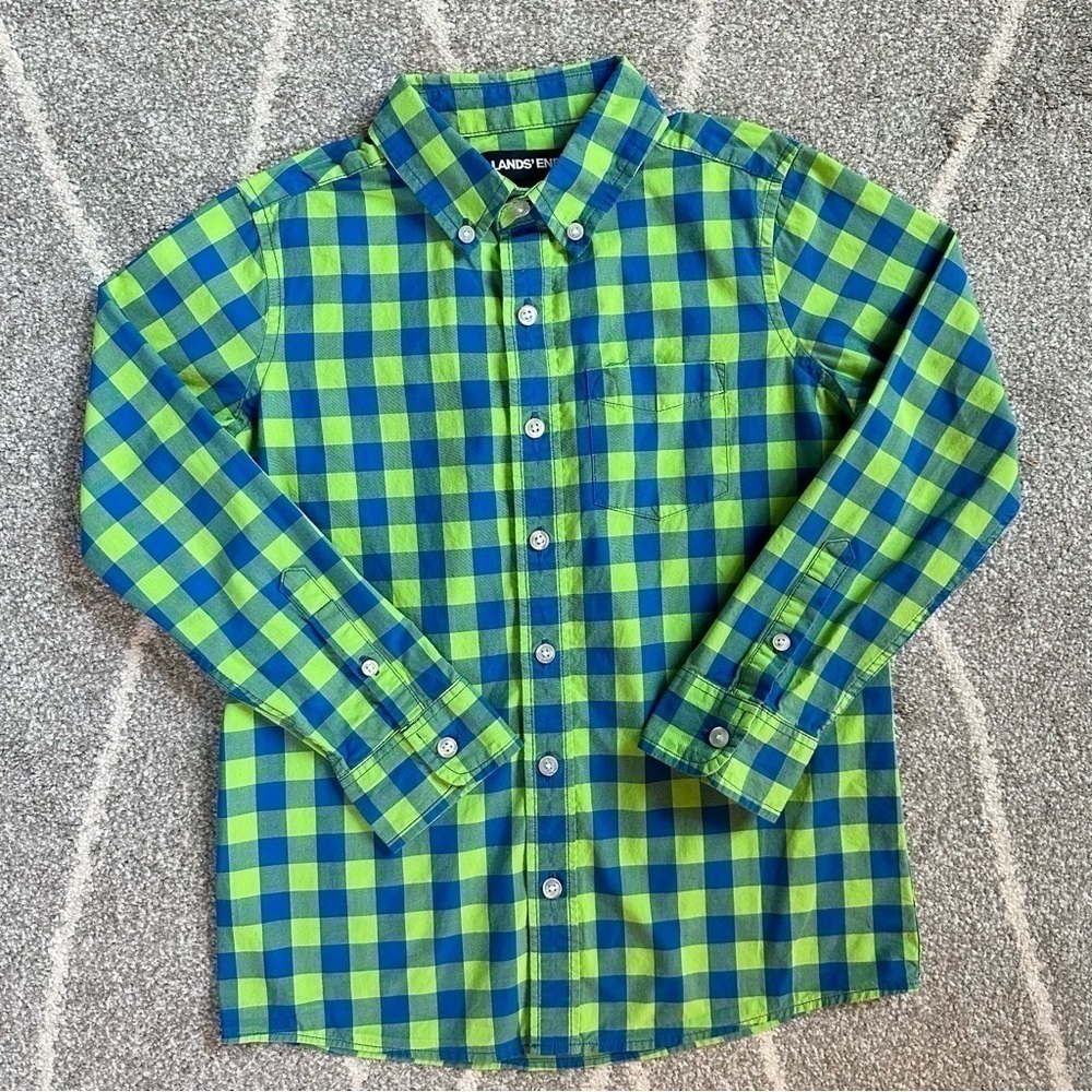 Lands’ End Boys Green and Blue Plaid Check Button Down Shirt L 7